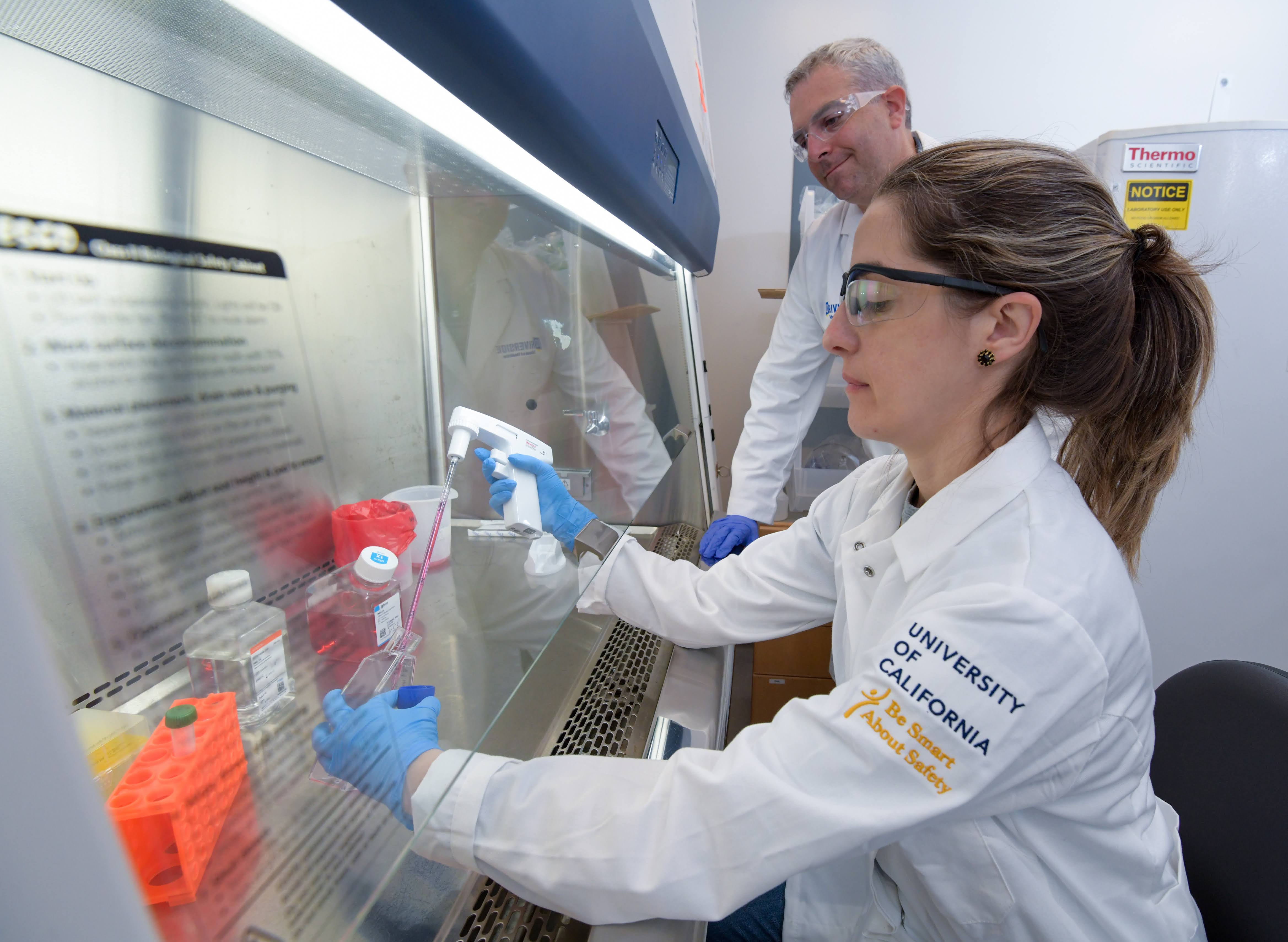 Dr. Pegan and a student working at a fume hood.